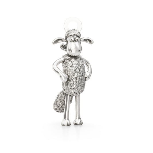 Standing Shaun the Sheep Charm in sterling silver, featuring hooves-on-hips pose and textured wool detail.