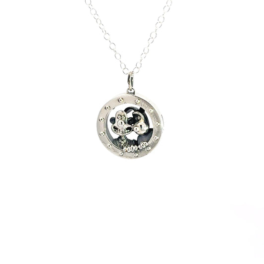 Wallace & Gromit A Grand Day Out Porthole Necklace in sterling silver, featuring both characters looking through their rocket's circular window.