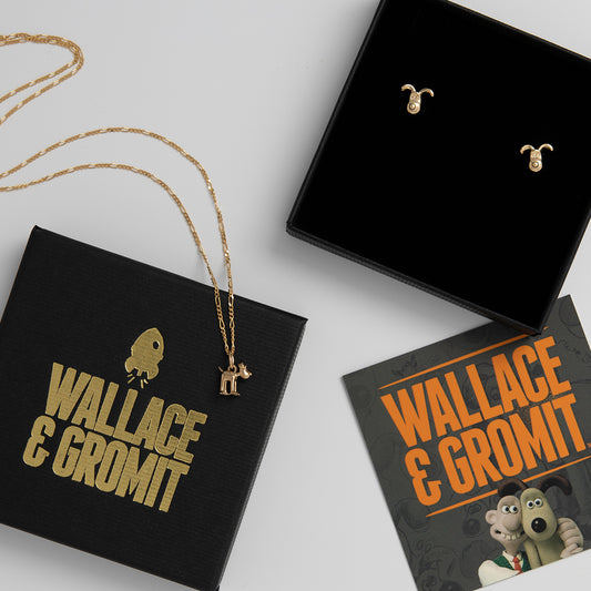 Wallace & Gromit Jewellery Gift Set in 18ct Gold Vermeil, featuring Gromit Dog Stud Earrings and a Standing Gromit Necklace, perfect for fans of Aardman Animations.