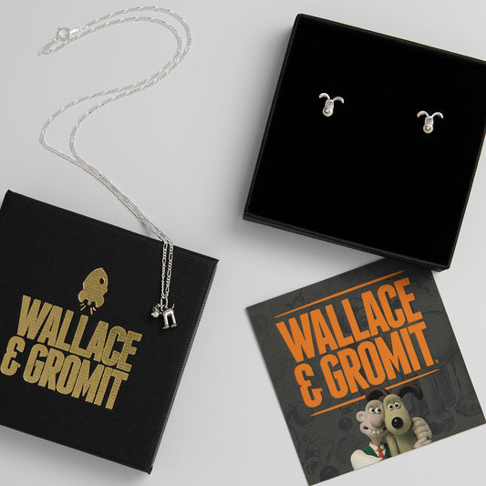 Sterling Silver Wallace & Gromit Jewellery Gift Set featuring Gromit Dog Stud Earrings and a Standing Gromit Necklace, perfect for fans of Aardman Animations.