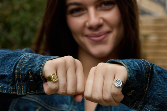 Licensed To Charm Moomin Crest Signet Rings in sterling silver and 18ct gold vermeil worn by model