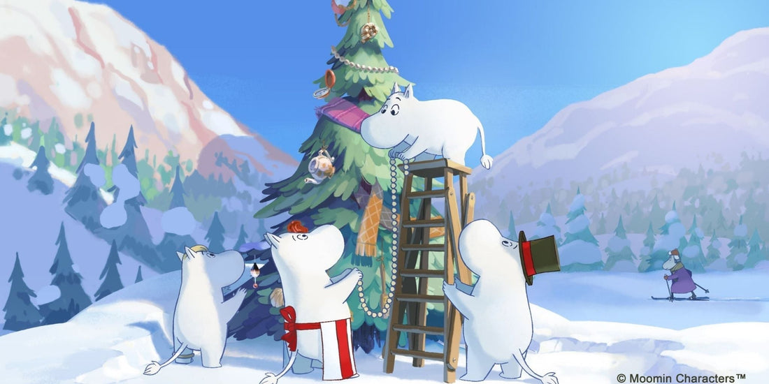 Moomintroll, Snorkmaiden and friends decorating a Christmas tree together in a snowy winter landscape. Cosy festive Moomin illustration evoking warmth, nostalgia and seasonal joy.