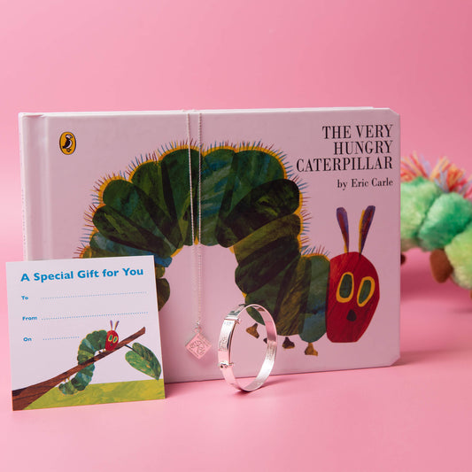 Handcrafted Very Hungry Caterpillar Necklace and baby bangle in sterling silver – a charming keepsake inspired by the classic children’s story, ideal for World Book Day celebrations