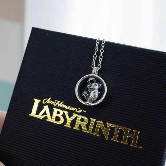 Sterling silver Labyrinth crystal ball necklace on branded Jim Henson’s Labyrinth gift box – handmade fantasy jewellery by Licensed To Charm.