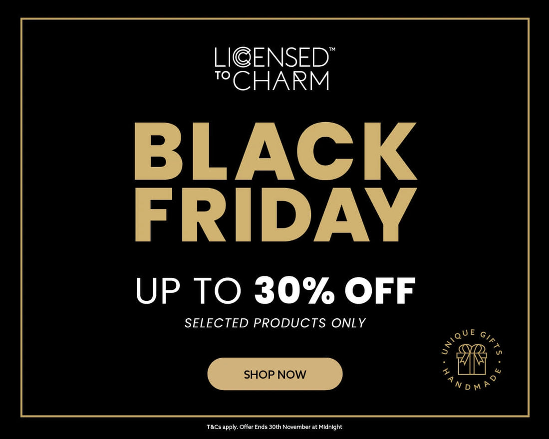 Licensed To Charm Black Friday banner showing up to 30% off selected jewellery, gold and white text on a black background.