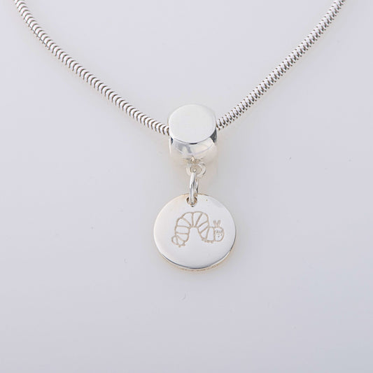 Blackbird Jewellery Handmade Very Hungry Caterpillar Disc Dangle Necklace in sterling silver, featuring an etched design of Eric Carle’s iconic caterpillar. A whimsical jewellery gift for all ages.