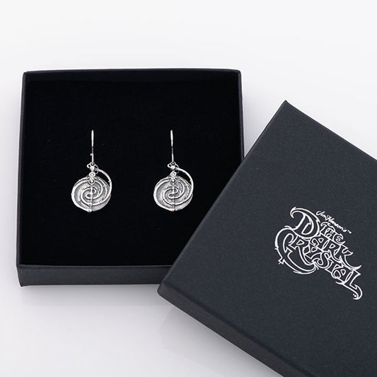 Mystic Spiral Constellation Mandala Earrings in sterling silver, inspired by the Master Time Spiral from Jim Henson’s The Dark Crystal. Handcrafted with intricate detail, perfect for fans of the fantasy universe.