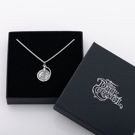 Sterling Silver Mystic Spiral Mandala Necklace, featuring the intricate design of the Master Time Spiral from The Dark Crystal. Perfect for fans of Jim Henson’s dark fantasy world.