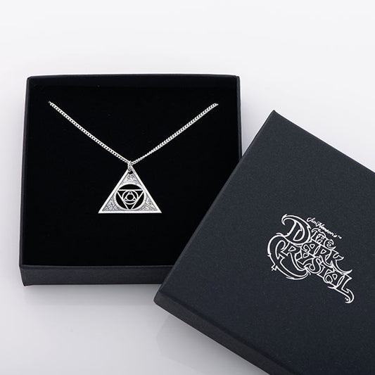 Sterling Silver Aughra's Triangle Necklace with a 45 cm trace chain, capturing the mystical geometry of The Dark Crystal. Features the Eye of the superimposed suns and cosmic triangle symbolism