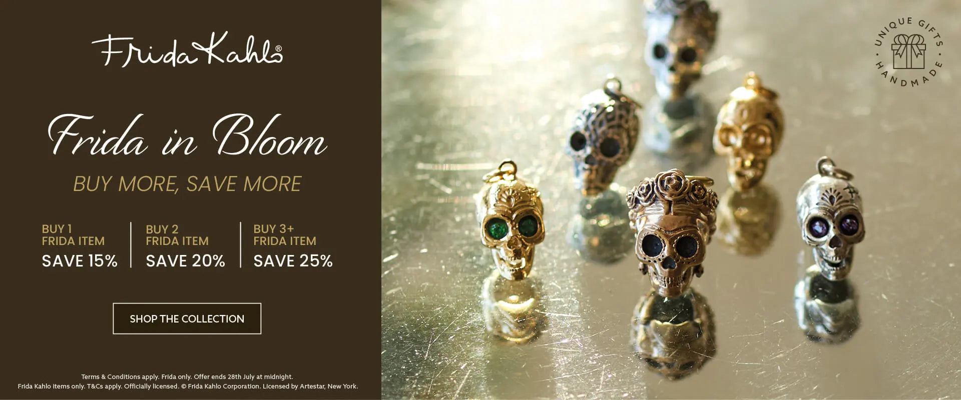 Frida in Bloom jewellery promotion featuring Frida Kahlo sugar skull charms, with buy 1 save 15%, buy 2 save 20% and buy 3 or more save 25%.