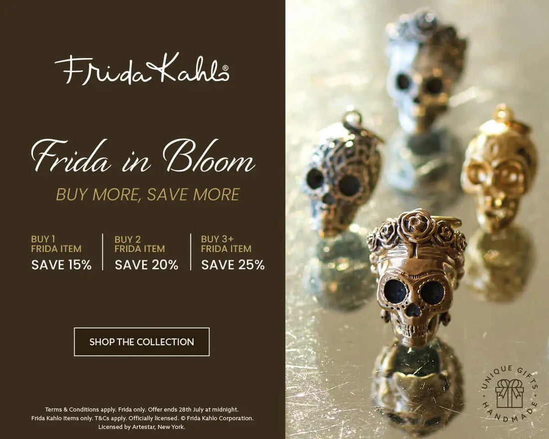Frida in Bloom jewellery promotion featuring Frida Kahlo sugar skull charms, with buy 1 save 15%, buy 2 save 20% and buy 3 or more save 25%.
