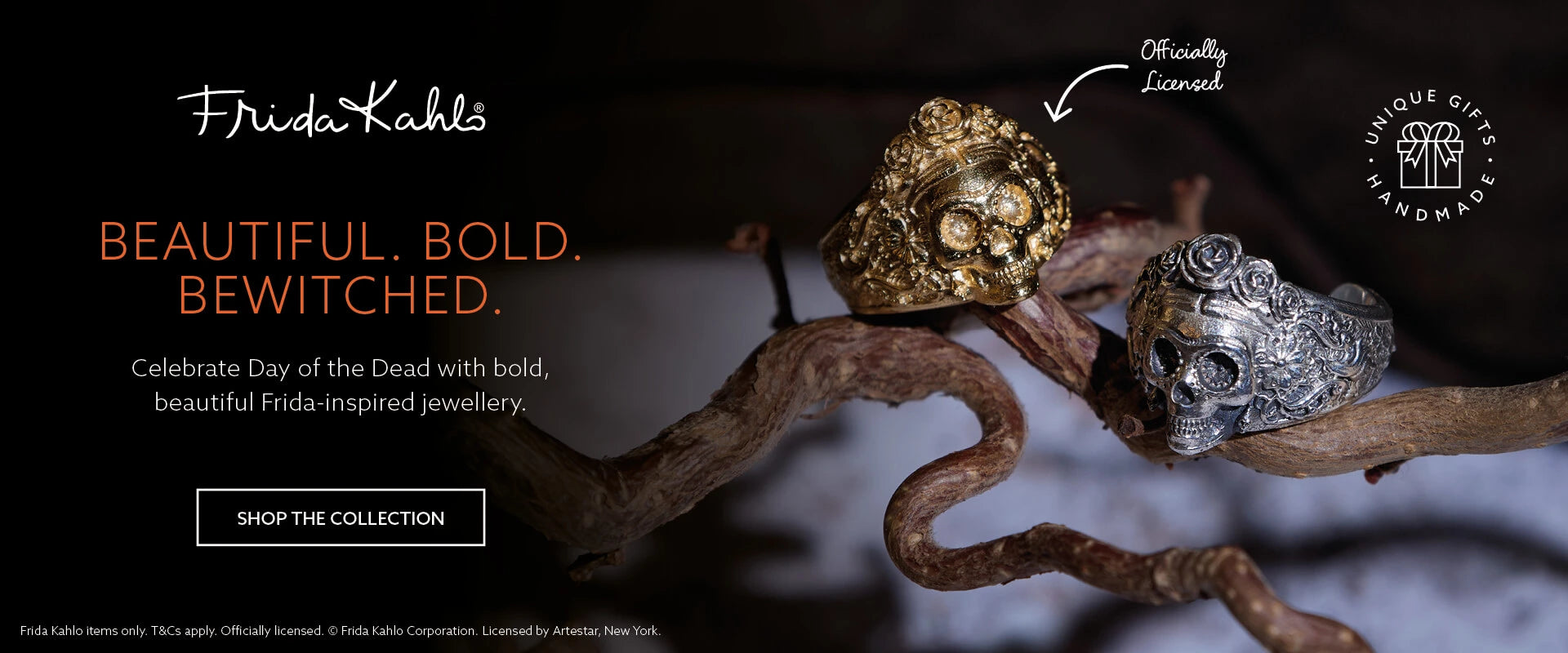 Frida Kahlo Sugar Skull rings in gold vermeil and sterling silver displayed on twisted branches, with headline text “Beautiful. Bold. Bewitched.” Celebrate Day of the Dead with Frida-inspired jewellery. Officially licensed, handmade gifts.