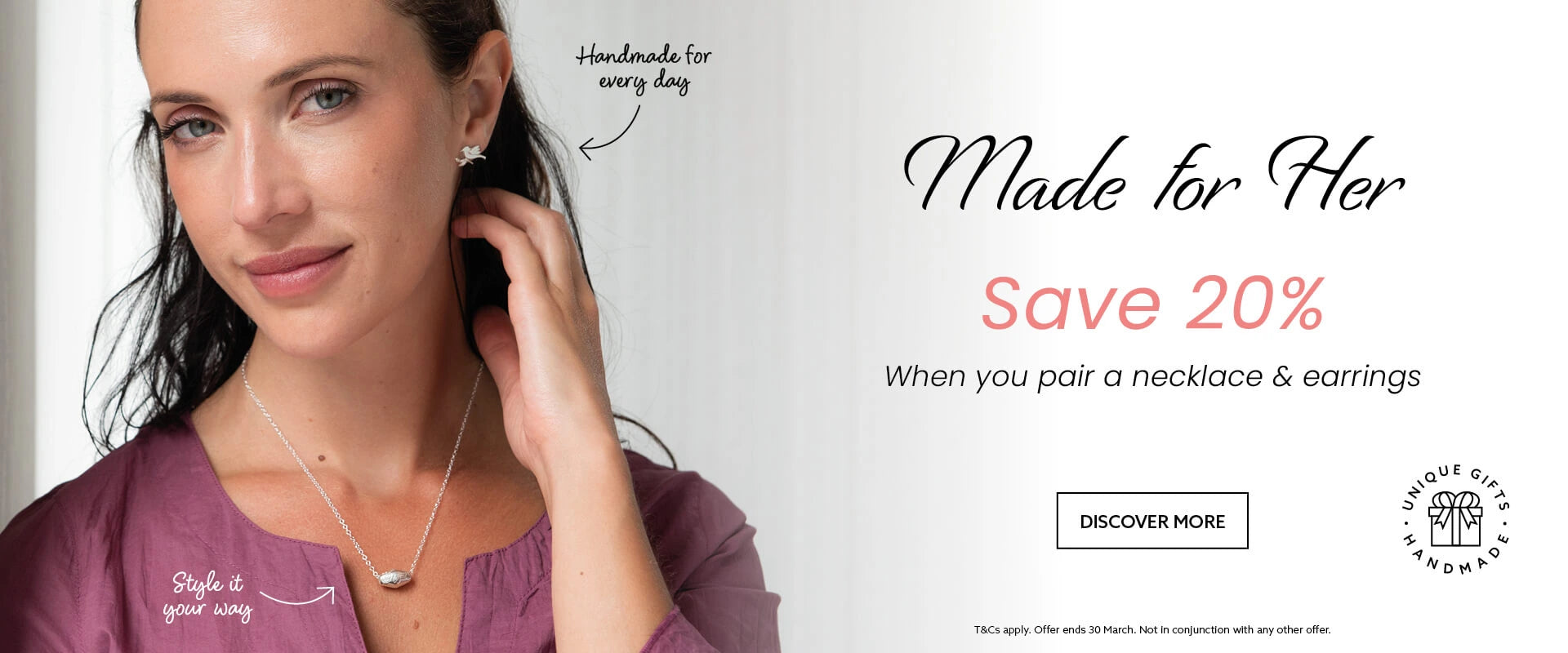 Licensed To Charm model wearing sterling silver necklace and stud earrings, Mother’s Day jewellery promotion save 20% when you pair a necklace and earrings