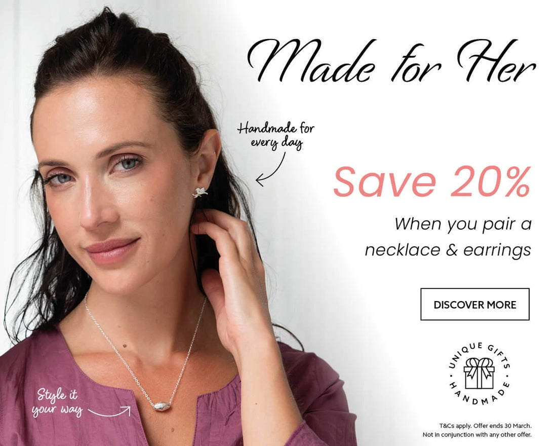 Licensed To Charm model wearing sterling silver necklace and stud earrings, Mother’s Day jewellery promotion save 20% when you pair a necklace and earrings