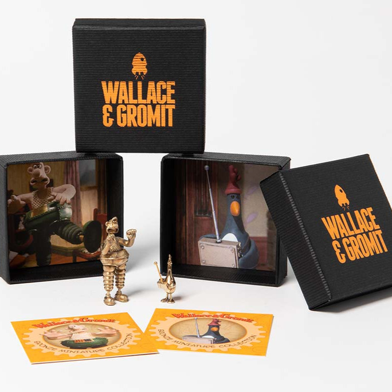 Handcrafted bronze figurines of Wallace in Techno-Matic Trousers and Feathers McGraw.