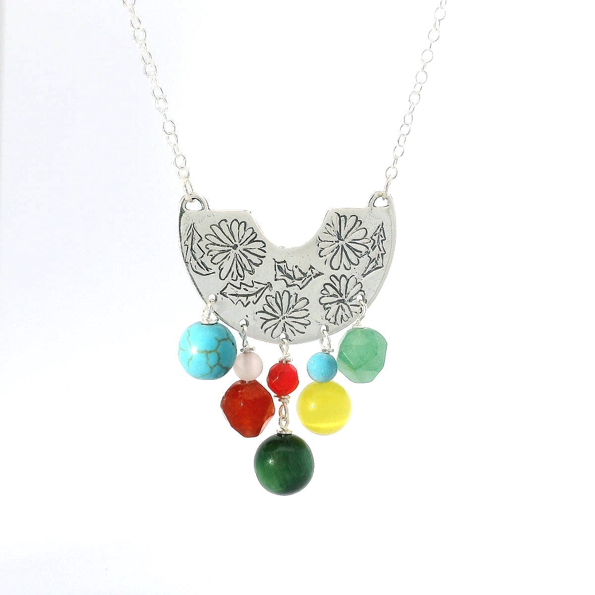 Sterling silver semi-circle pendant necklace with semi-precious stone beads