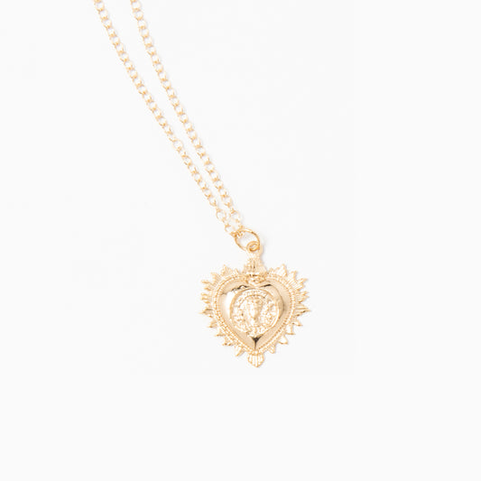 18ct gold vermeil Frida Kahlo Viva La Vida Small Heart Necklace, featuring an intricately detailed sacred heart design with floral accents and Frida’s iconic portrait.