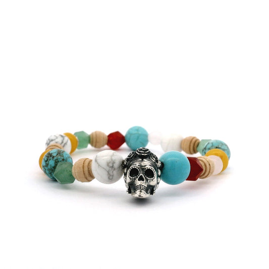 Frida Kahlo Beaded Sugar Skull Stretch Bracelet with a recycled sterling silver oxidised skull charm and semi-precious stone beads. Handmade and vibrant.