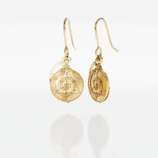 Gold vermeil earrings inspired by the Master Time Spiral from The Dark Crystal, featuring intricate mandala designs symbolizing the union of three courses of time and the eventual reunification of the urSkeks.