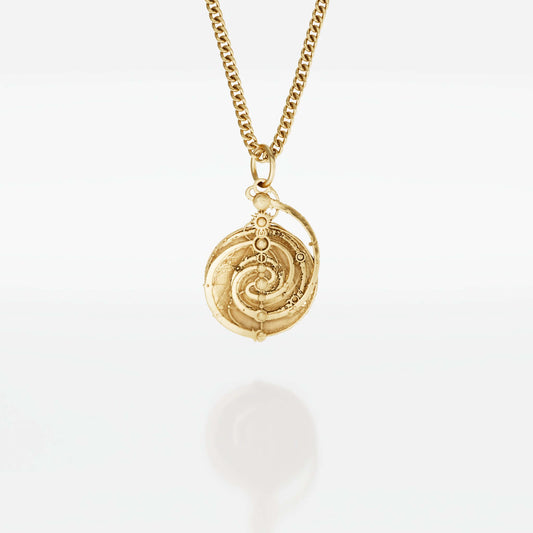 Mystic Spiral Constellation Mandala Necklace in 18ct gold vermeil, inspired by the Master Time Spiral from Jim Henson’s The Dark Crystal. Handcrafted with intricate detail, perfect for fans of the film and collectors.