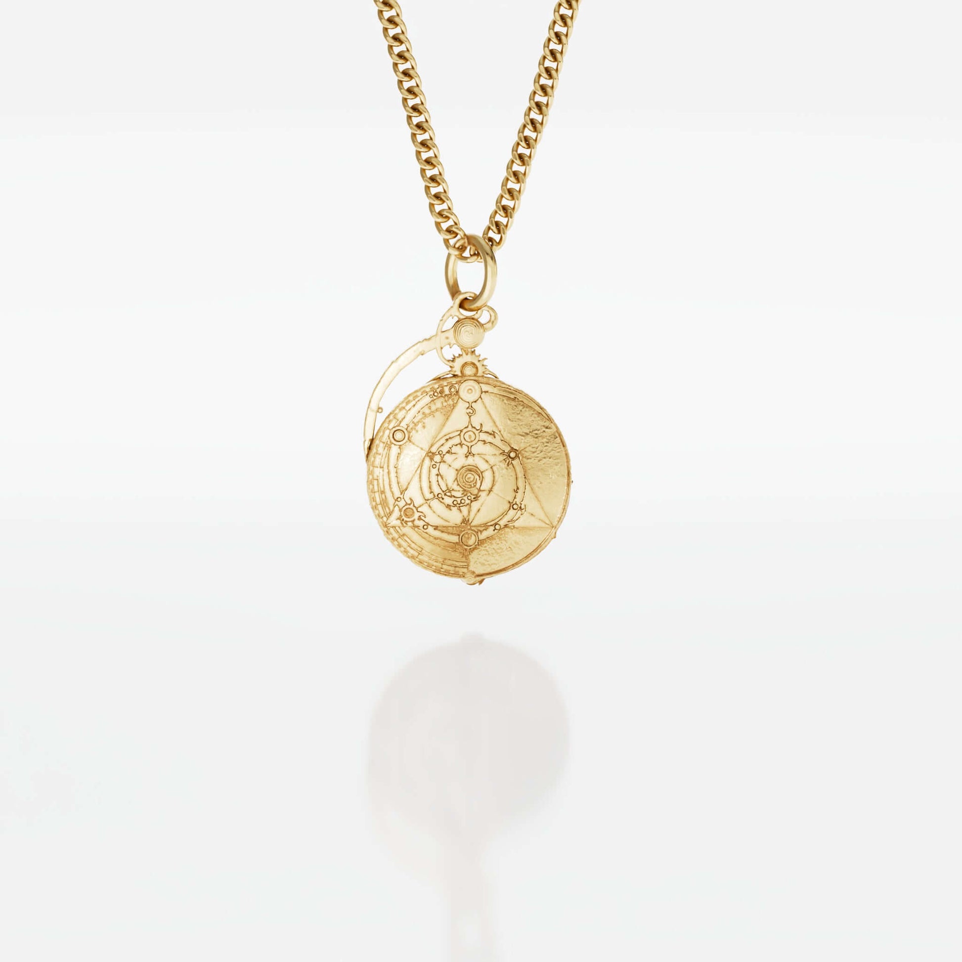 Gold vermeil necklace replicating the Master Time Spiral from The Dark Crystal, featuring intricate mandala designs that symbolize the union of three courses of time and the eventual reunification of the urSkeks.