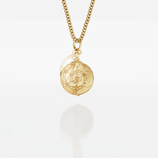 Handcrafted Mystic Spiral Constellation Mandala Necklace in 18ct gold vermeil, inspired by the intricate design of the Master Time Spiral from Jim Henson’s The Dark Crystal. A meaningful gift for fans and jewellery lovers.