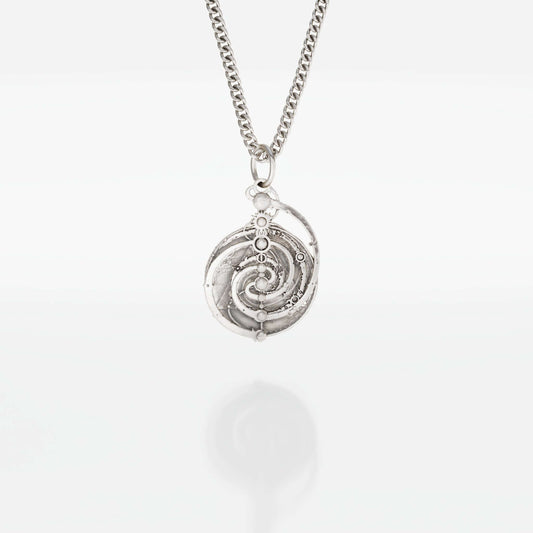 Small Mystic Spiral Constellation Mandala Necklace in sterling silver, inspired by the Master Time Spiral from Jim Henson’s The Dark Crystal. A delicate, handmade tribute to the film’s mystical lore.