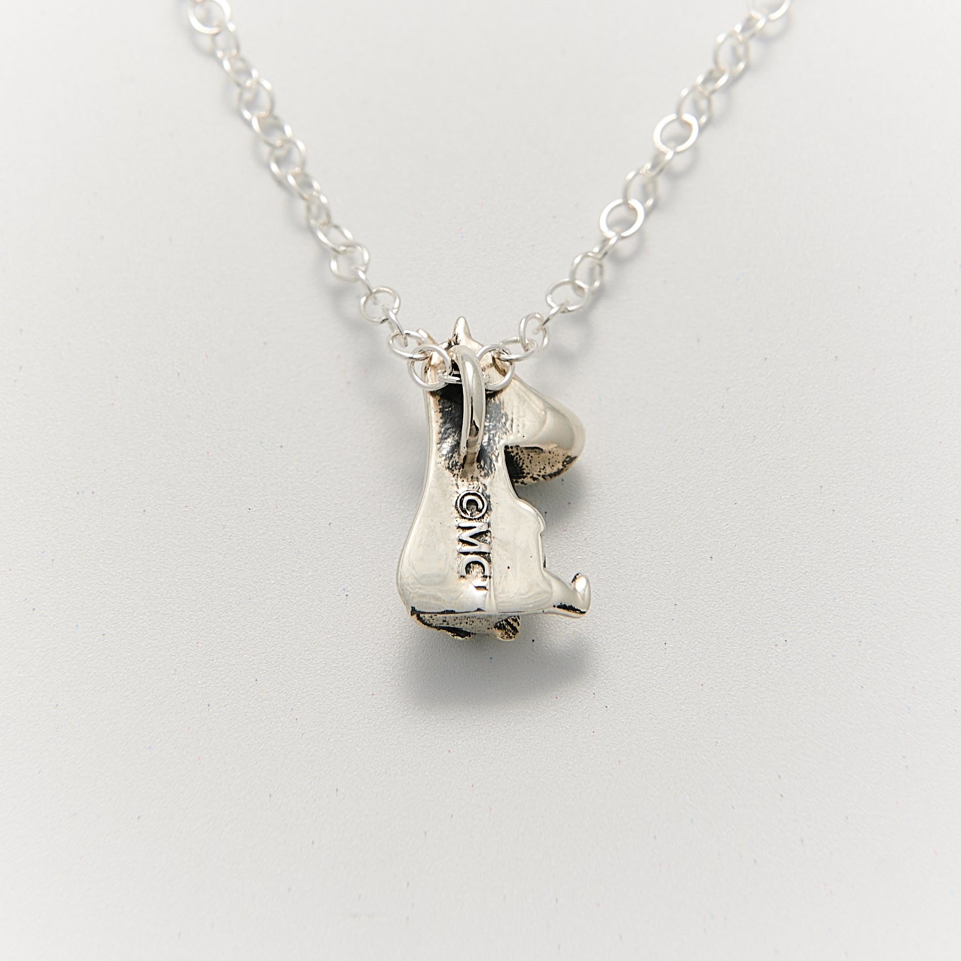 Handmade Moomintroll Necklace in recycled sterling silver. A whimsical gift for Moomin fans and eco-conscious jewellery lovers."