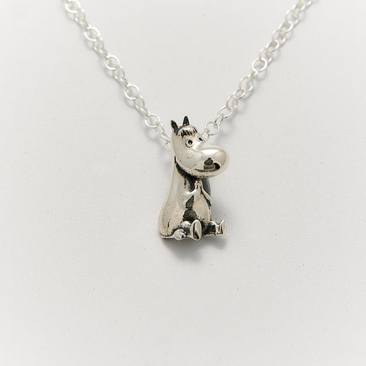 Elegant sterling silver necklace featuring Moomin's Snorkmaiden, with her distinctive curly hair and anklet, handcrafted in the UK from recycled materials, perfect for adding a playful touch to your style