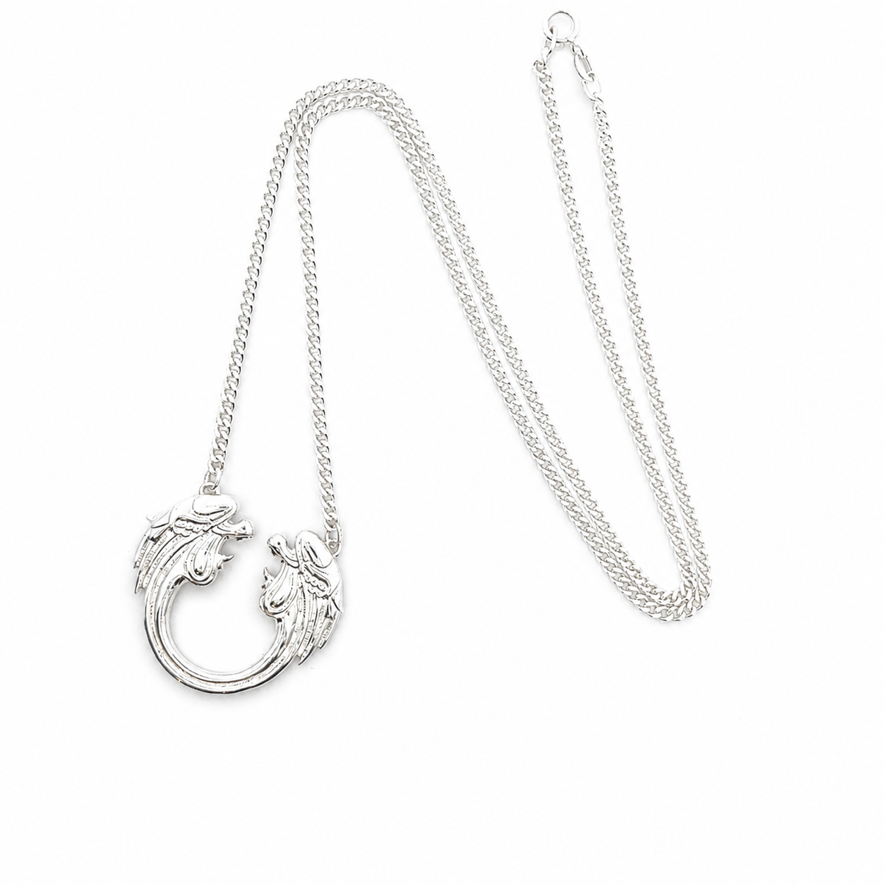 Jesus Christ Superstar sterling silver logo necklace with full chain and pendant shown on a white studio background