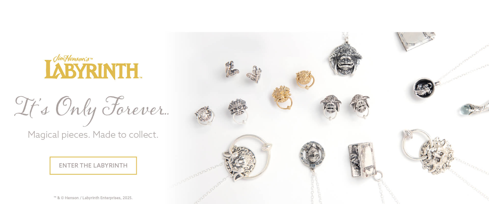 Flatlay of Licensed To Charm’s Labyrinth jewellery collection including sterling silver Door Knocker Earrings, Crystal Ball Necklace, Worm in a Cup, and Goblin-inspired charms displayed on a textured surface