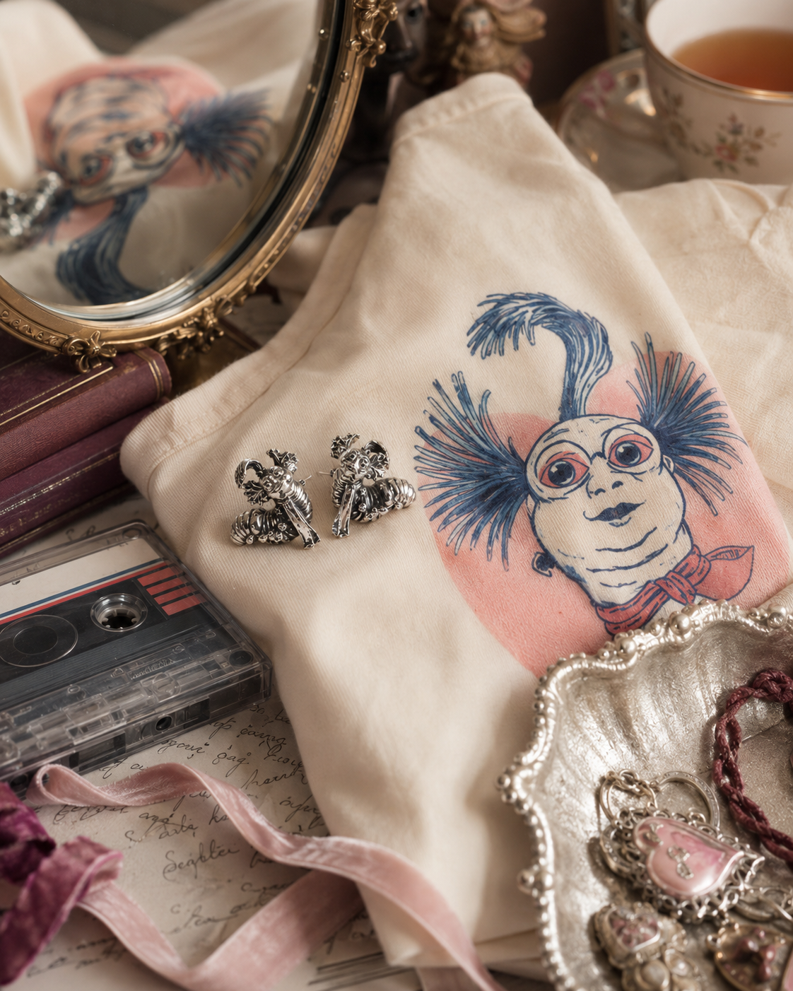 Sterling silver Labyrinth Worm stud earrings styled with a retro Worm T-shirt, cassette tape, vintage mirror and pink teacup.