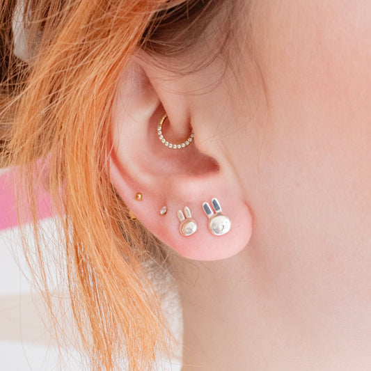 Model Wearing Large Miffy Head Earrings – Stylish and bold Miffy earrings, celebrating 70 years of charm.
