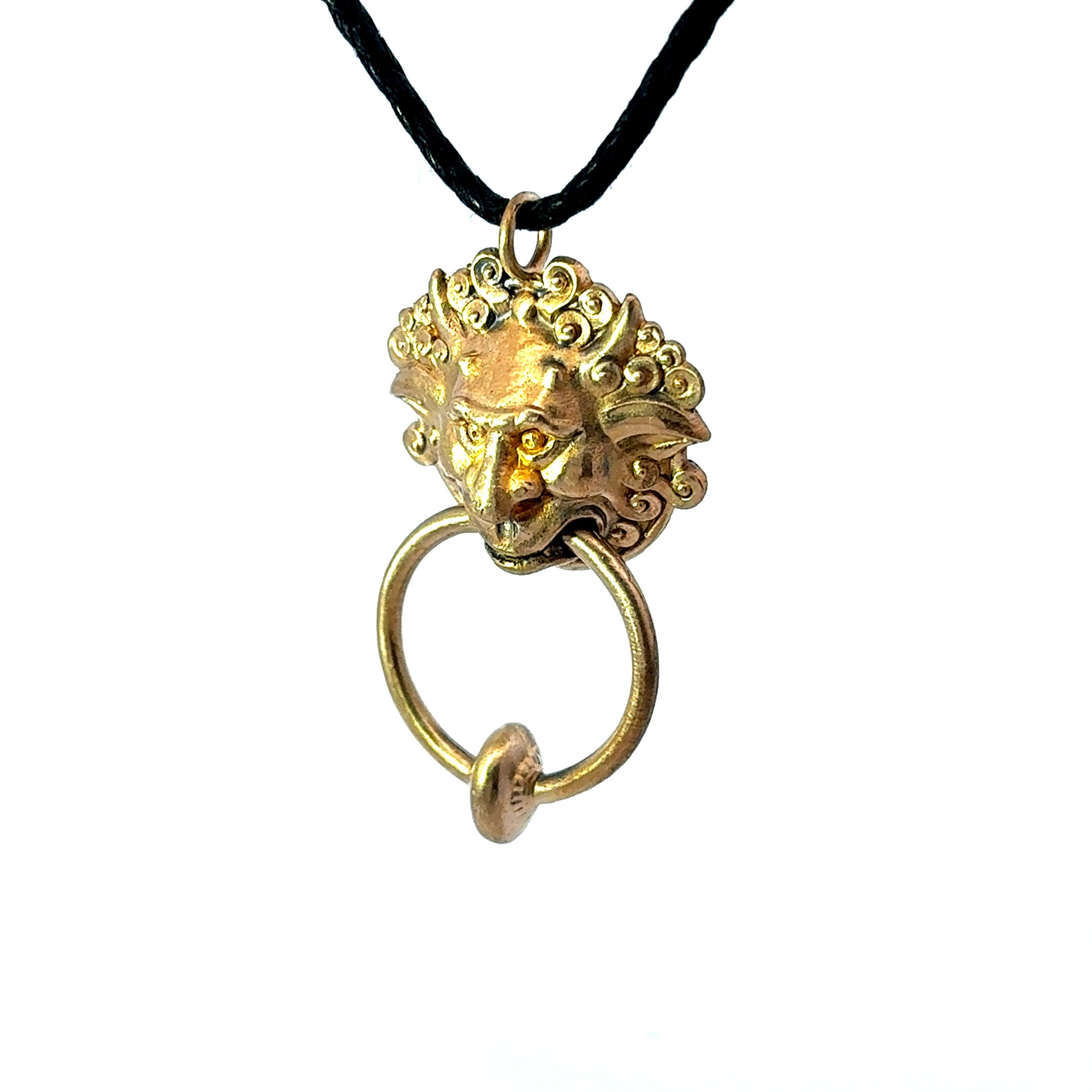 Licensed To Charm Labyrinth Left Door Knocker bronze necklace shown from an angled side view on a black cord