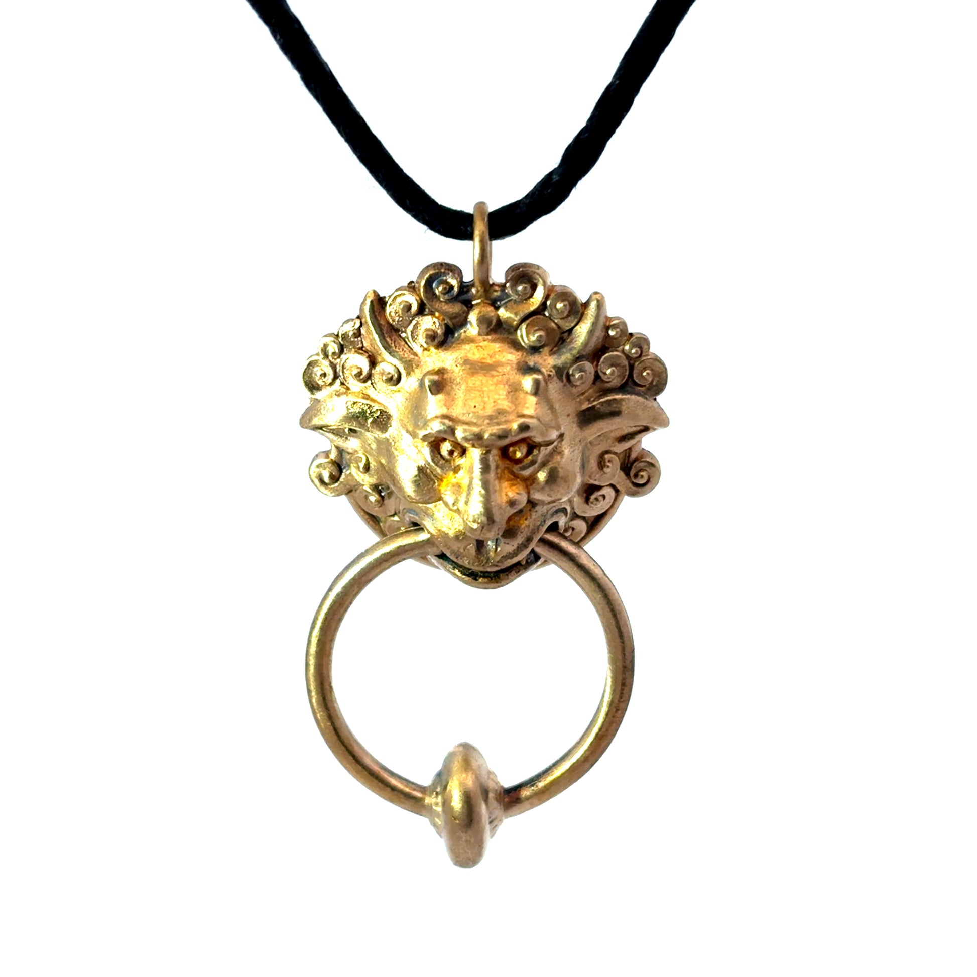 Licensed To Charm Labyrinth Left Door Knocker bronze necklace showing detailed sculpted design on a white background