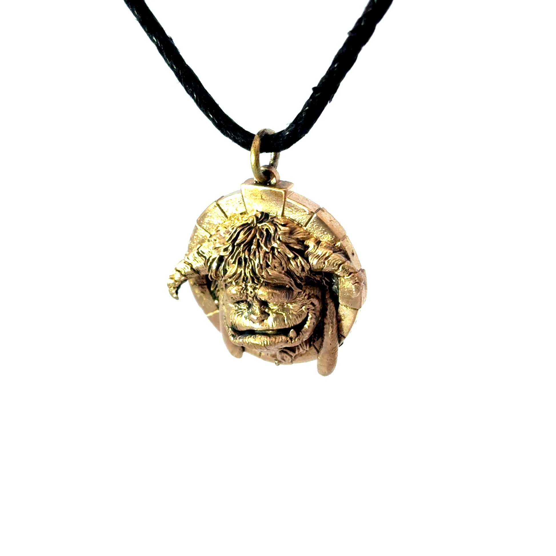 Licensed To Charm Labyrinth Ludo bronze necklace shown from an angled side view on a black cord