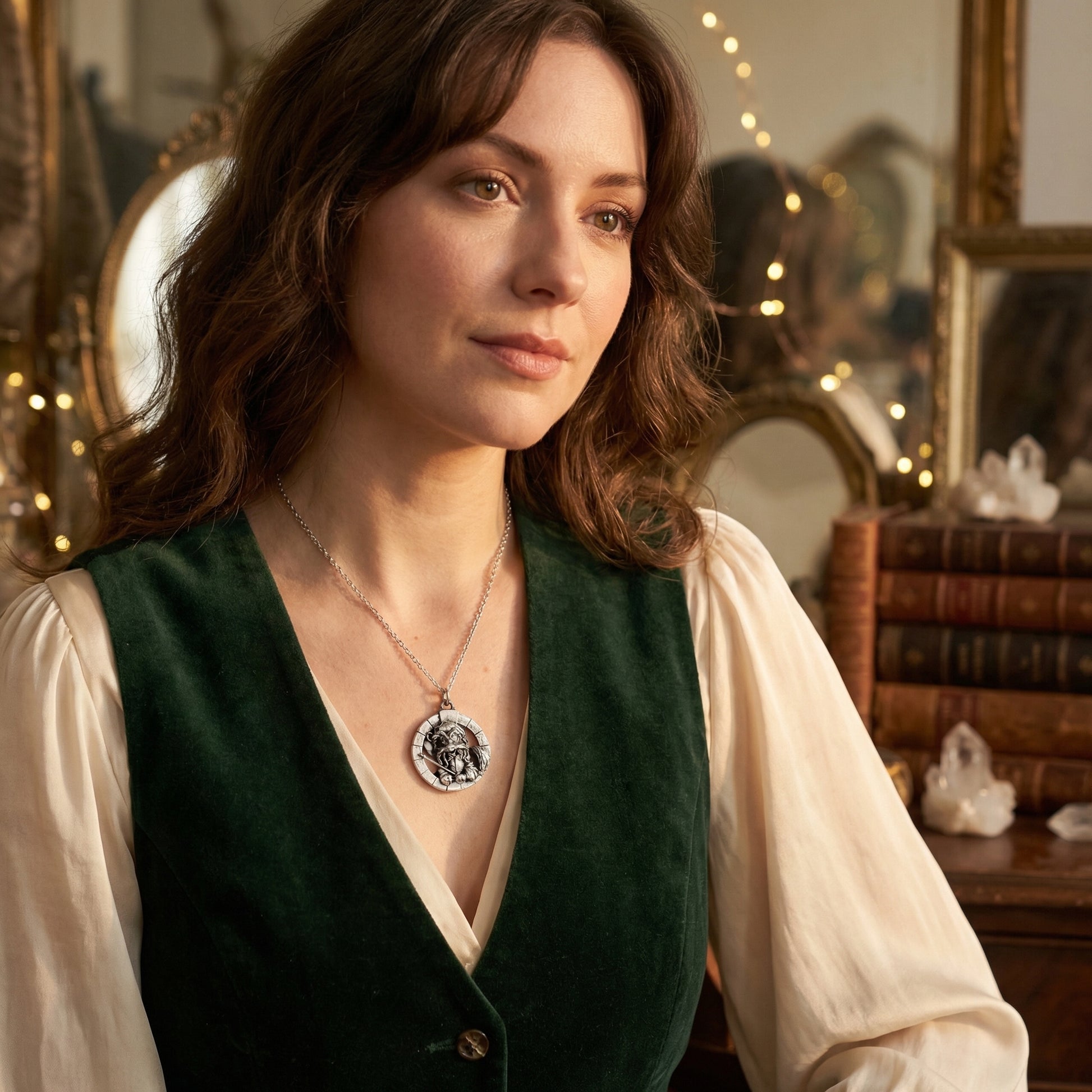 Official Labyrinth Sir Didymus sterling silver necklace inspired by the 1986 Labyrinth film, handmade in the UK and presented on a trace chain worn by model with green waistcoat