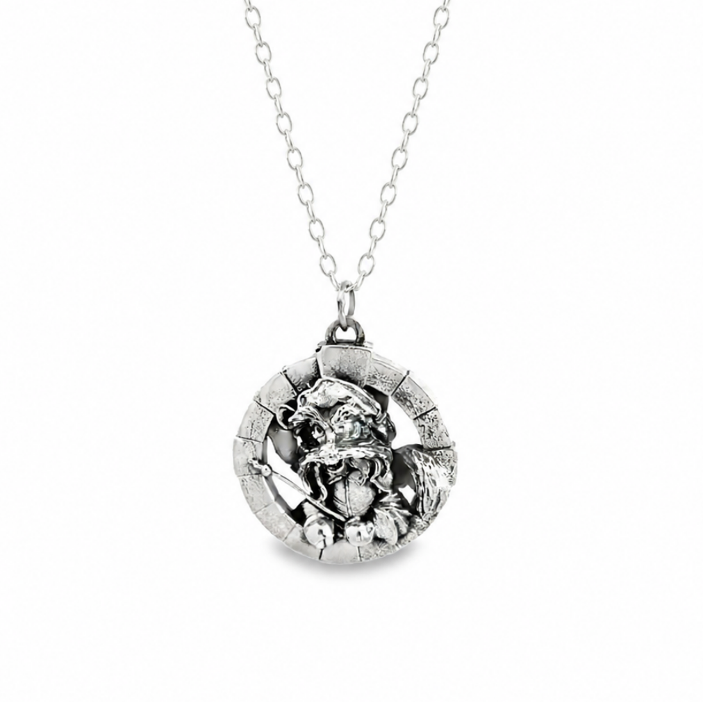 Official Labyrinth Sir Didymus sterling silver necklace front view inspired by the 1986 Labyrinth film, handmade in the UK and presented on a trace chain.