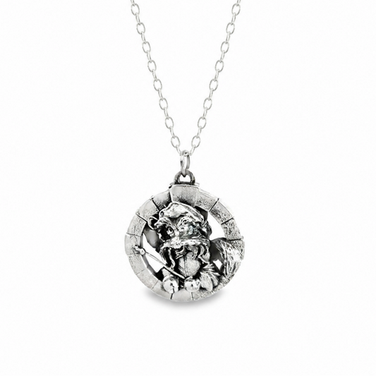 Official Labyrinth Sir Didymus sterling silver necklace front view inspired by the 1986 Labyrinth film, handmade in the UK and presented on a trace chain.