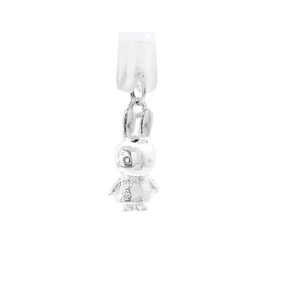 Sterling silver Miffy Daisy Dress clip-on charm shown from the front. Features Miffy standing in her daisy flower dress with a polished finish and a secure clip-on clasp. Displayed on a clean white background.