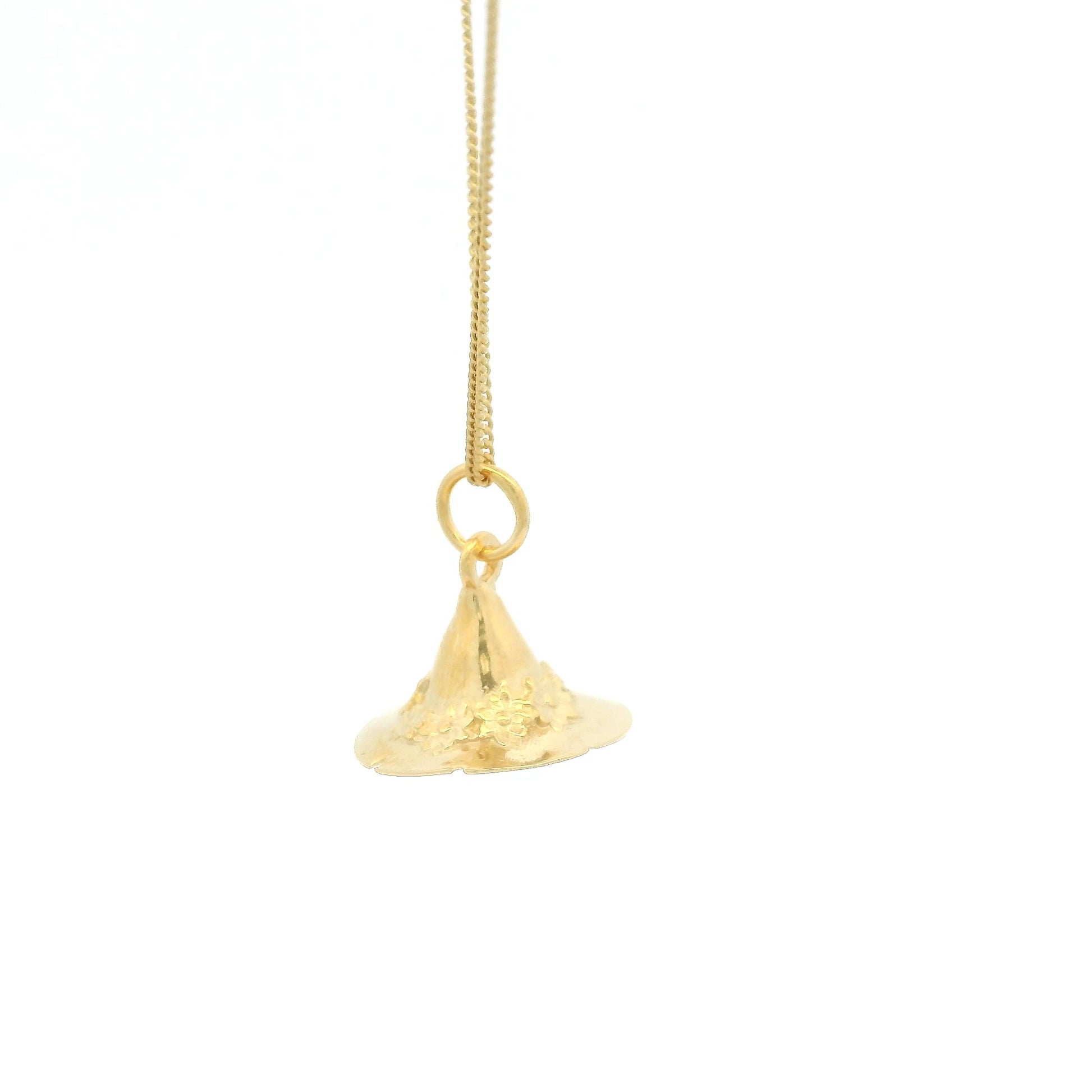 Licensed To Charm Snufkin’s Hat necklace front on, handmade in 18ct gold vermeil. Officially licensed Moomins jewellery gift inspired by Tove Jansson.