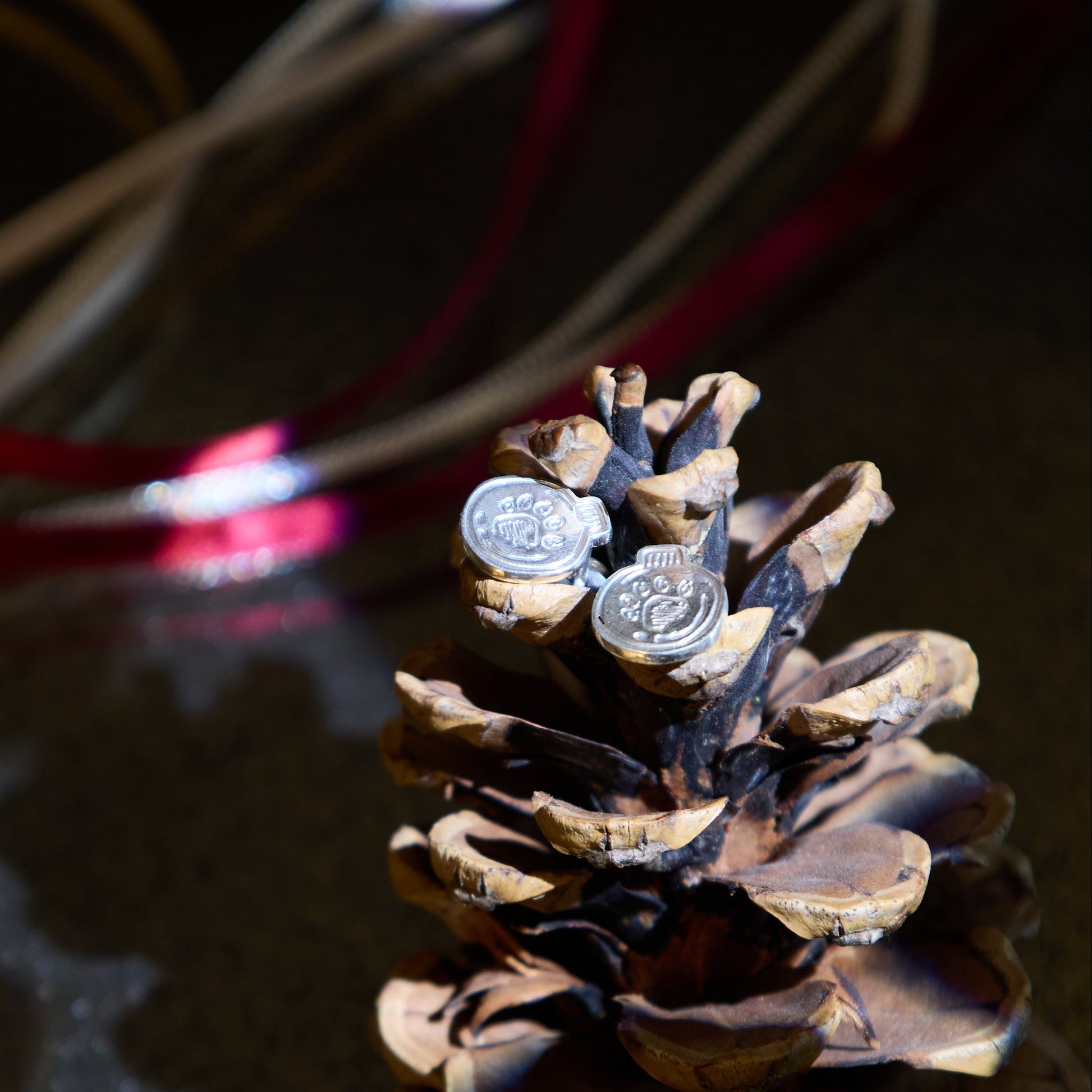 Licensed To Charm sterling silver Paddington pawprint studs resting on festive pinecone with ribbon backdrop