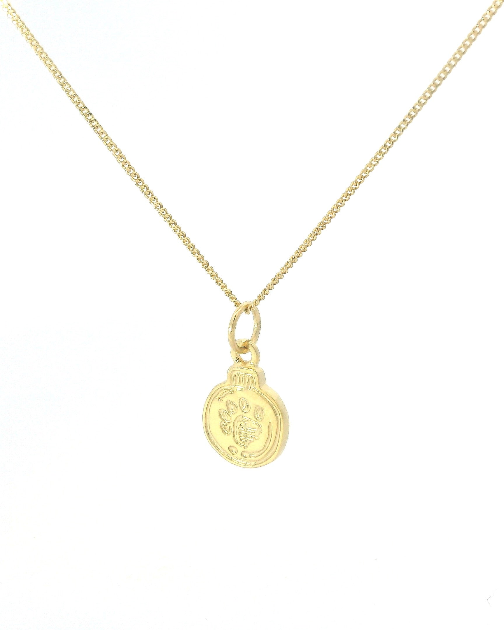 Licensed To Charm Paddington Bauble Pawprint Necklace in 18ct Gold Vermeil on white background, sentimental Christmas jewellery gift.