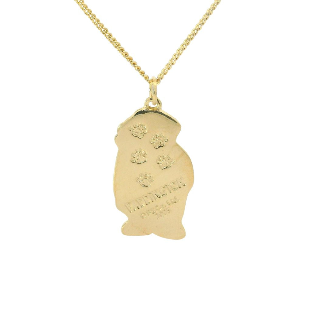 Licensed To Charm Close-up of Paddington pendant wearing Santa hat in 18ct Gold Vermeil showing engraved paw detail.