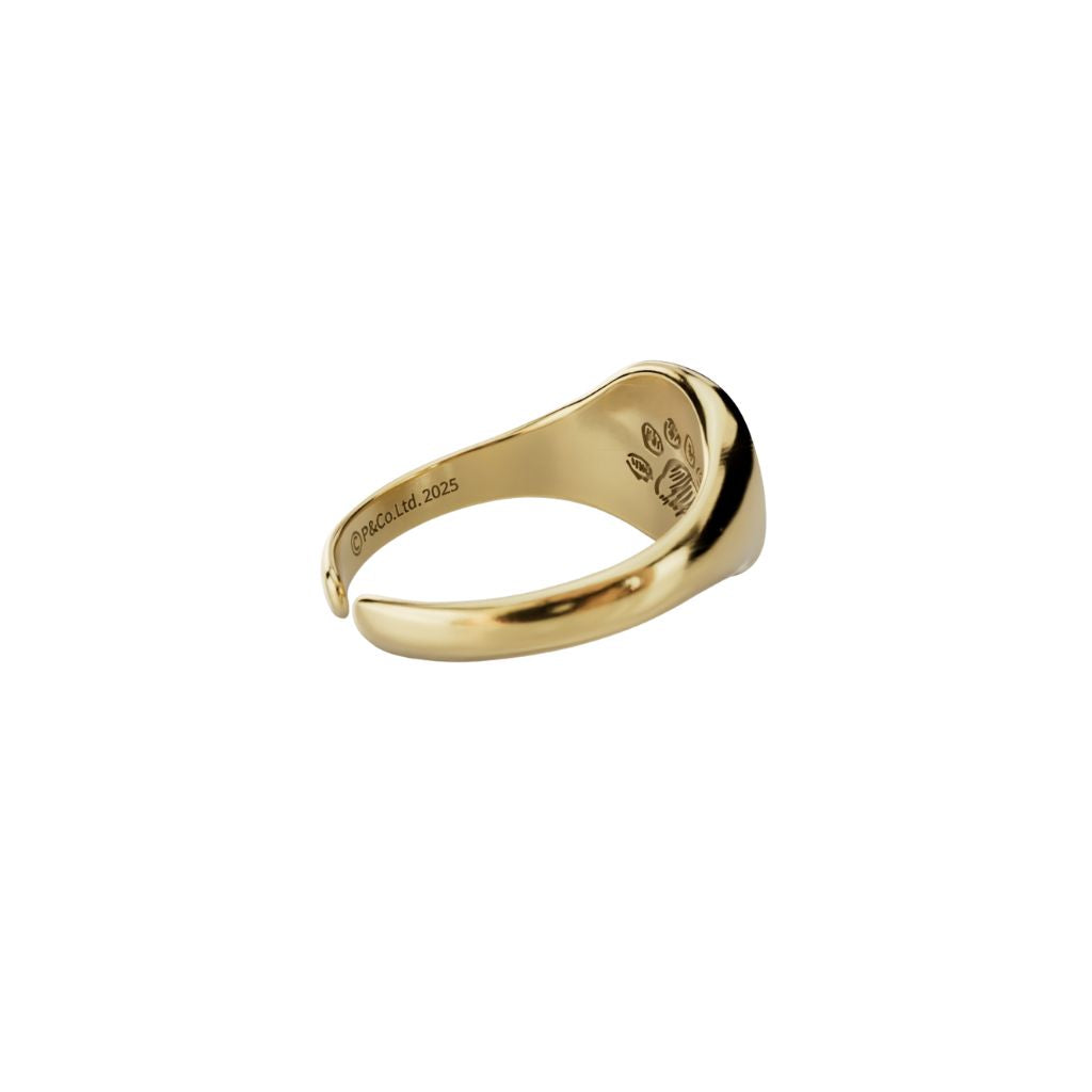 Side view of Paddington 18ct gold vermeil signet ring showing engraved detail