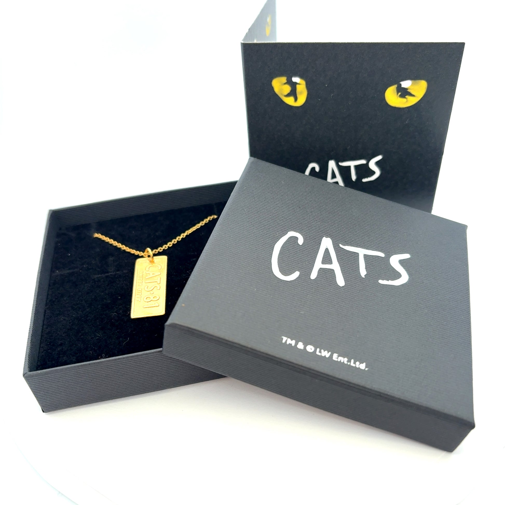 Licensed To Charm CATS Number Plate Necklace in Gold Plate styled in its CATS packaging 