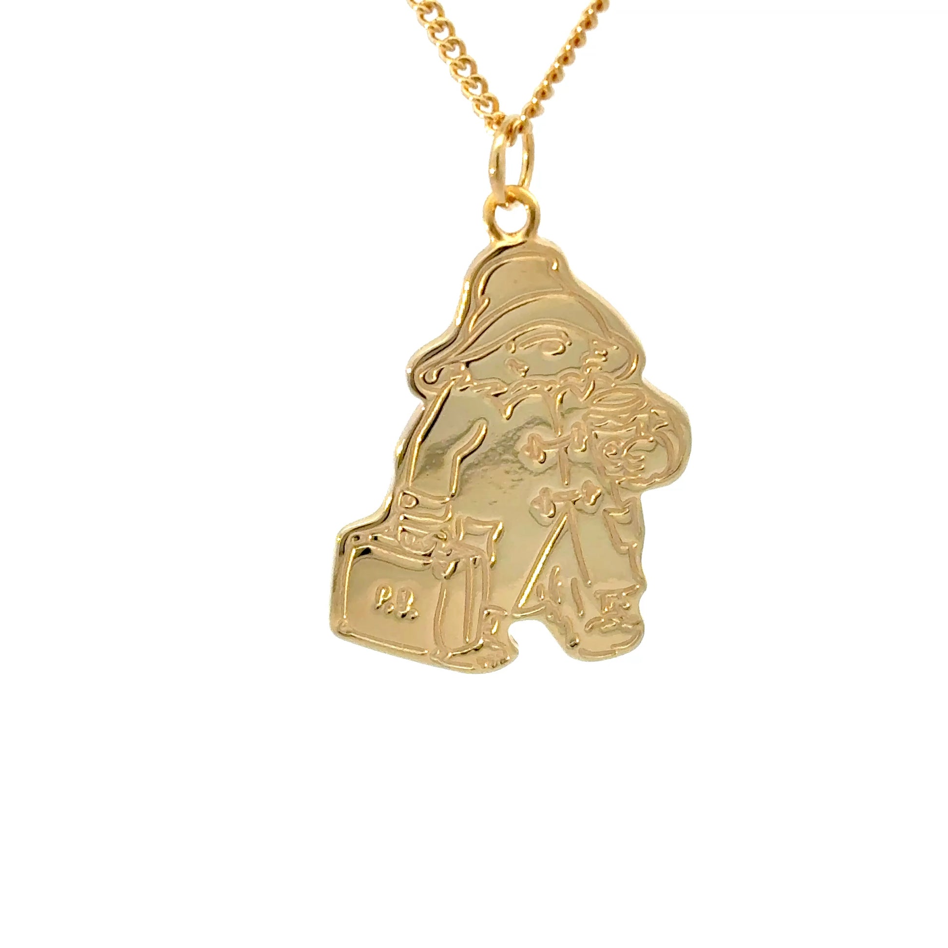 Licensed To Charm Close-up of Paddington™ Pendant in 18ct Gold Vermeil with suitcase, duffle coat, and marmalade jar, handmade sterling silver jewellery gift.