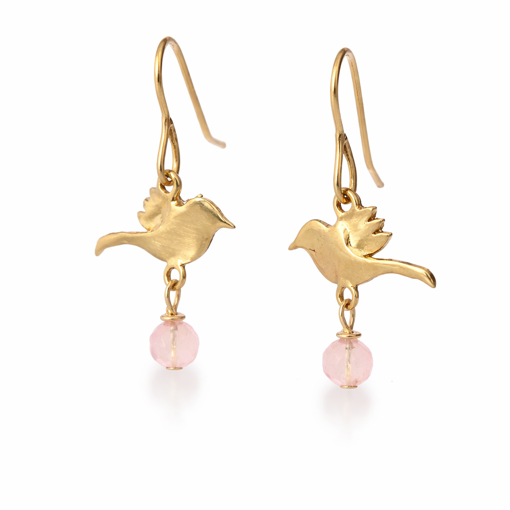 Licensed To Charm Frida Kahlo bird rose quartz drop earrings in 18ct gold vermeil angled, handmade in the UK