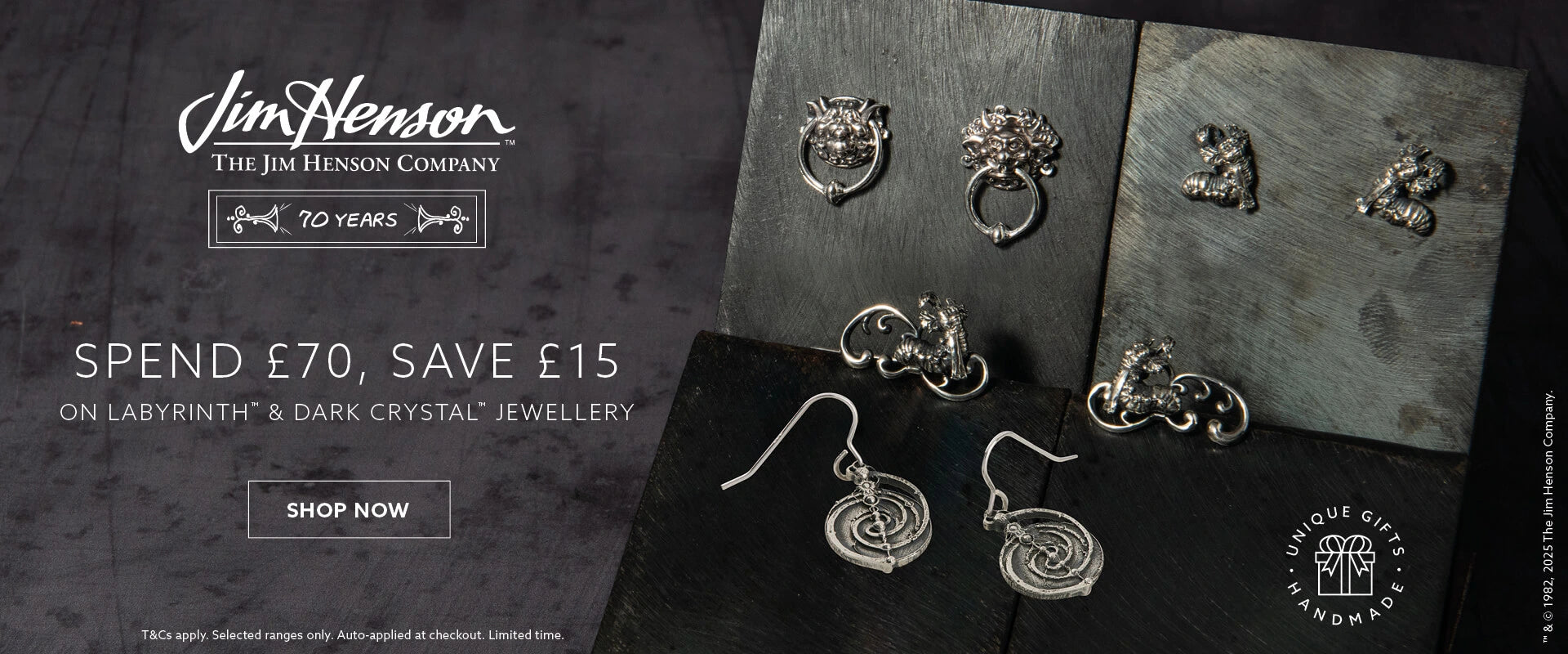 Jim Henson 70th Anniversary Promotion — Spend £70, Save £15 on Labyrinth and Dark Crystal handcrafted sterling silver jewellery. Featuring intricate Door Knocker Earrings and Goblin King designs displayed on a dark textured background