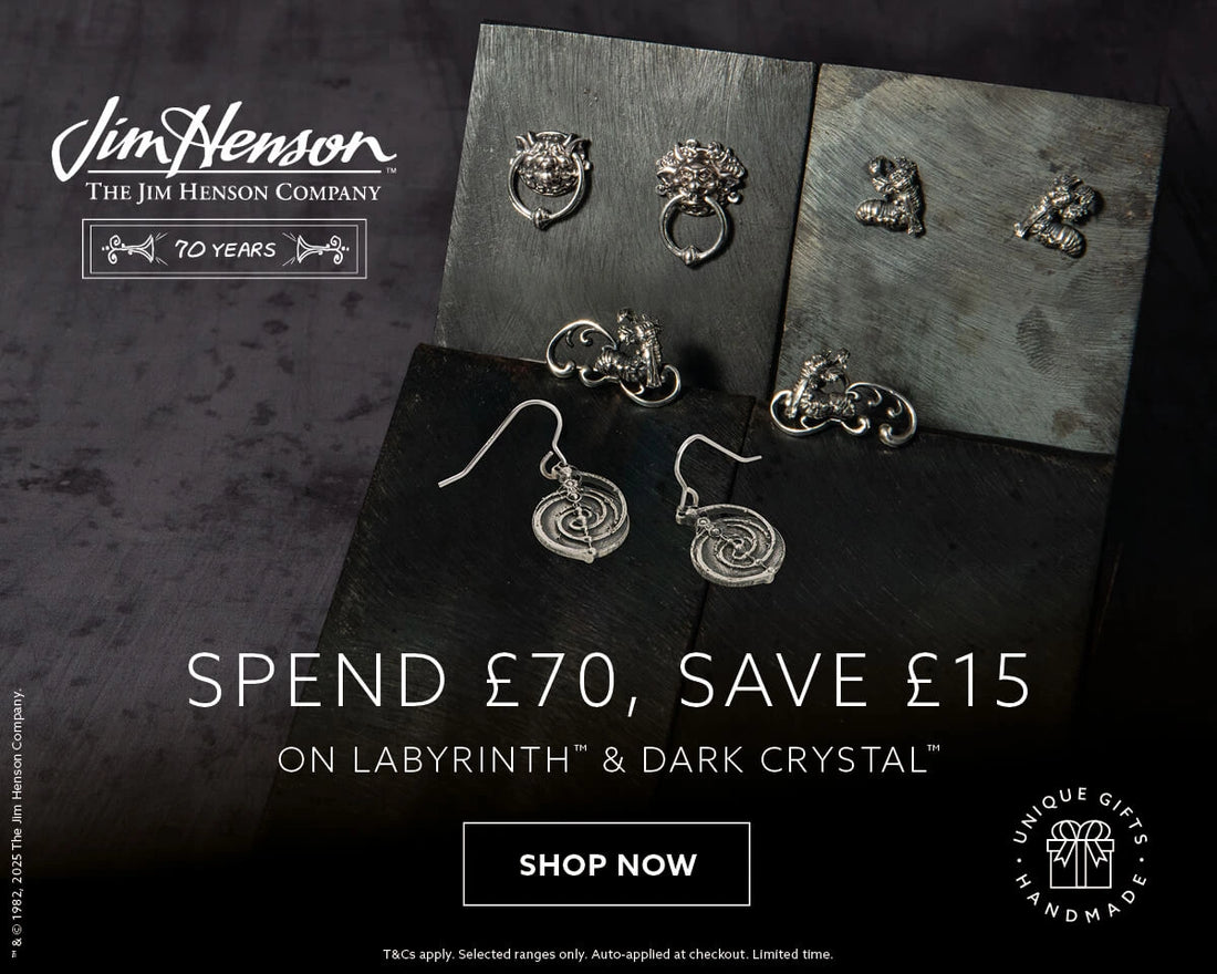 Jim Henson 70th Anniversary Promotion — Spend £70, Save £15 on Labyrinth and Dark Crystal handcrafted sterling silver jewellery. Featuring intricate Door Knocker Earrings and Goblin King designs displayed on a dark textured background
